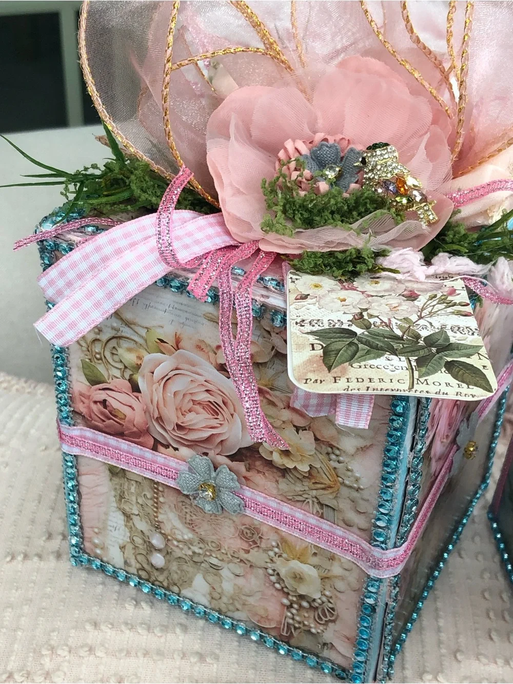 Hand Crafted Pink Floral Decor Gift Boxes with Blue Trim - Picture 5 of 14